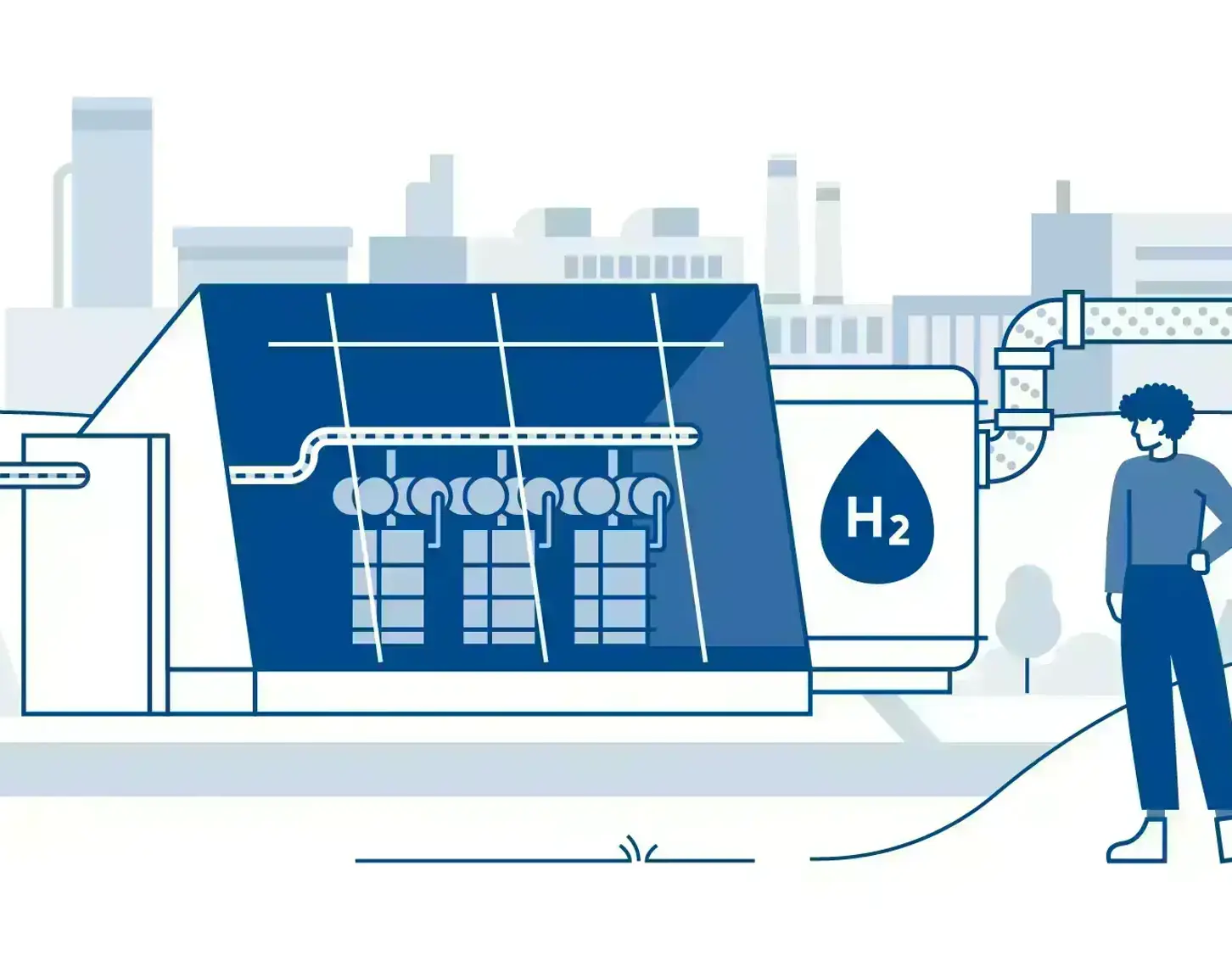 A graphic with a hydrogen plant is shown. In front of it is a person looking at the plant. The chemical symbol H2 is shown on the hydrogen plant.