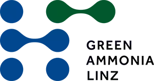 The Logo consists of round shapes and the Lettering Green Ammonia Linz